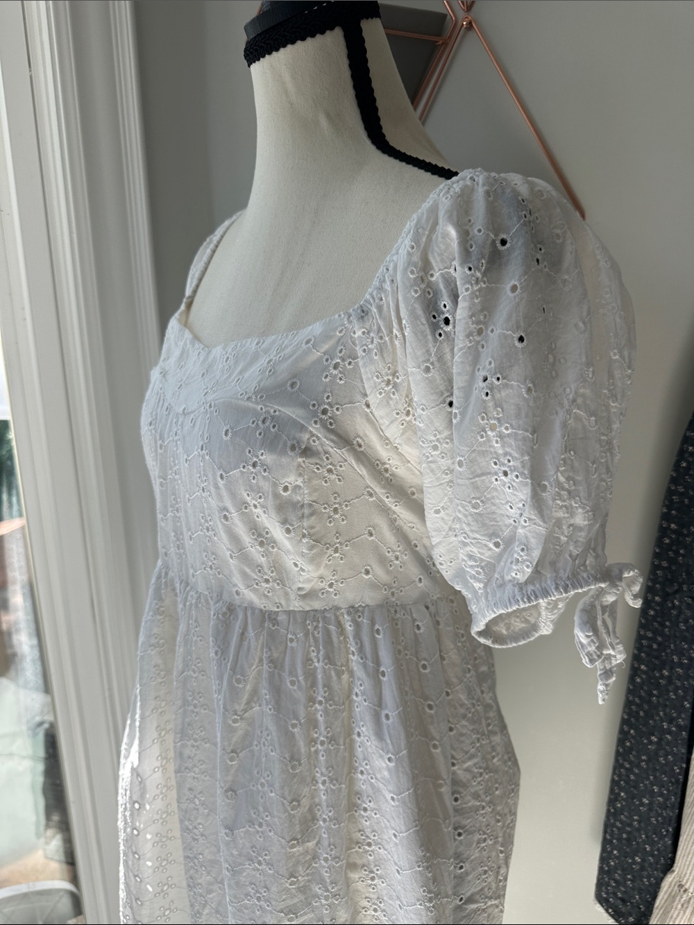 VERTICHE White Eyelet Puff-Sleeve Square Neck Babydoll Dress Cotton Size Large - Picture 7 of 16